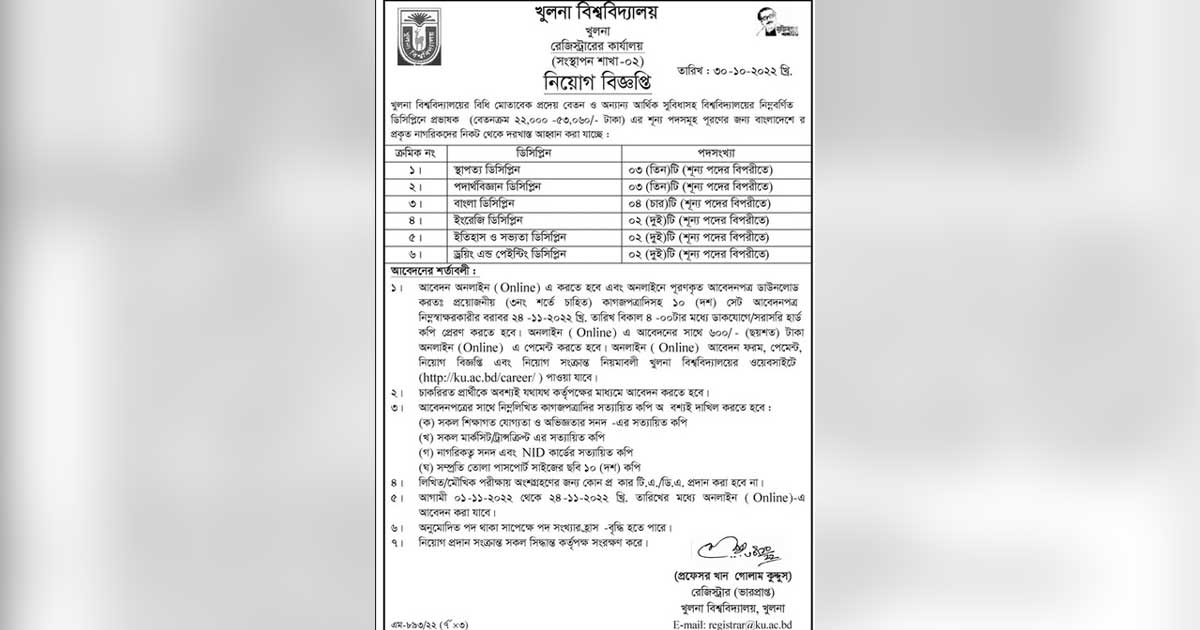 ১৬ জন প্রভাষক নিয়োগ দিবে খুলনা বিশ্ববিদ্যালয়