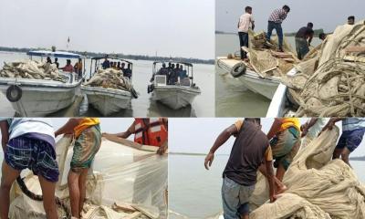 বরিশালে যৌথ অভিযানে ১২ লক্ষ টাকার অবৈধ জাল জব্দ