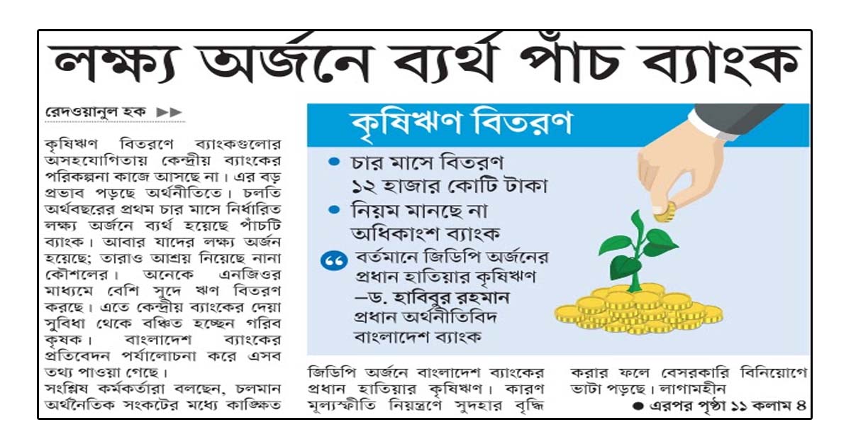 লক্ষ্য অর্জনে ব্যর্থ পাঁচ ব্যাংক