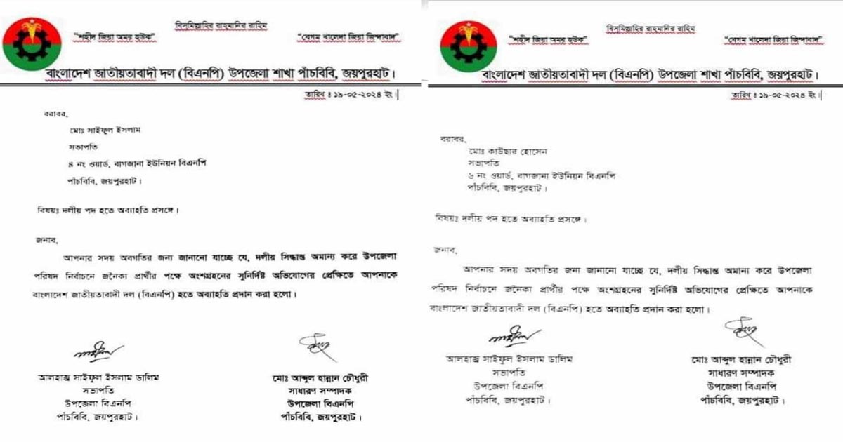 পাঁচবিবিতে বিএনপির ২ নেতাকে দল থেকে অব্যাহতি