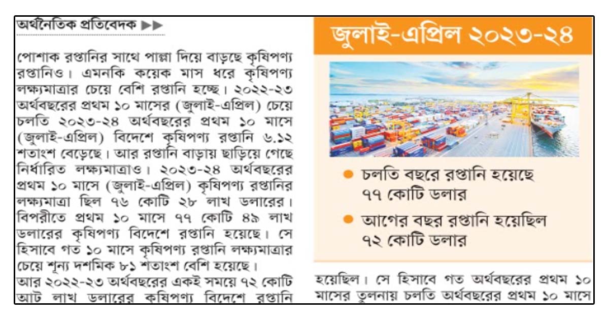 কৃষিপণ্য রপ্তানি বেড়েছে ৬ শতাংশ