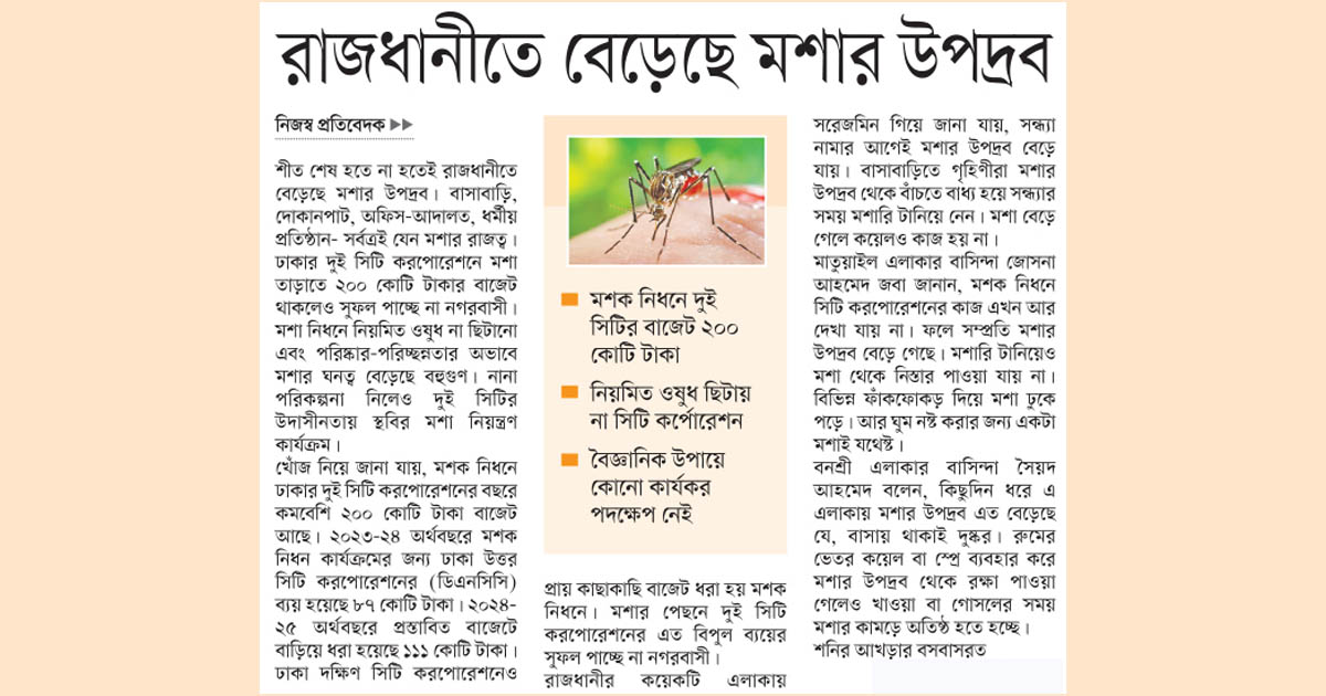 রাজধানীতে বেড়েছে মশার উপদ্রব