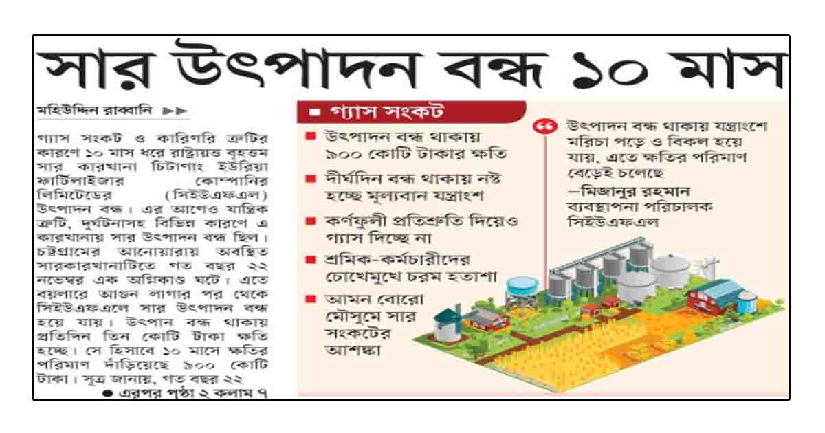 সার উৎপাদন বন্ধ ১০ মাস