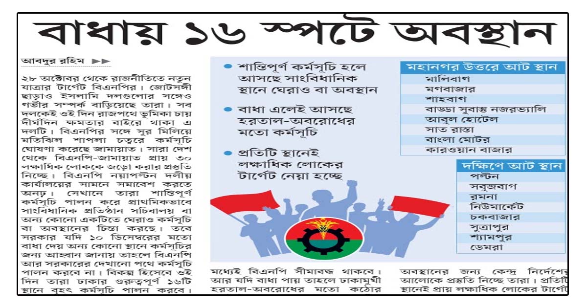 বাধায় ১৬ স্পটে অবস্থান