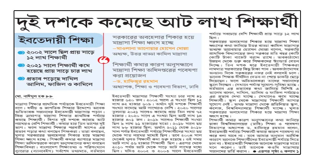 দুই দশকে কমেছে আট লাখ শিক্ষার্থী