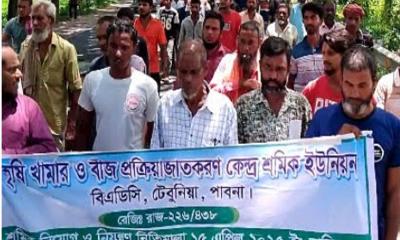 পাবনার টেবুনিয়ায় বিএডিসি শ্রমিকদের বিভিন্ন দাবিতে বিক্ষোভ ও কর্মবিরতি