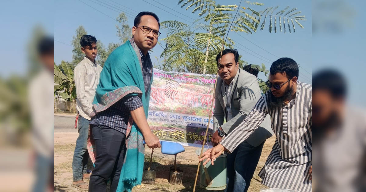 মধুপুর-ময়মনসিংহ মহাসড়কে কৃষ্ণচূড়া, সোনালু ও কাঠবাদাম গাছের চারা রোপণ