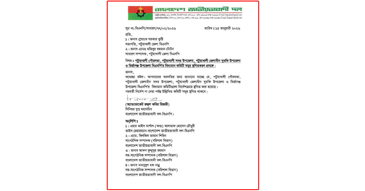 পটুয়াখালীর ৪টি ইউনিটের কমিটি স্থগিত করল বিএনপি