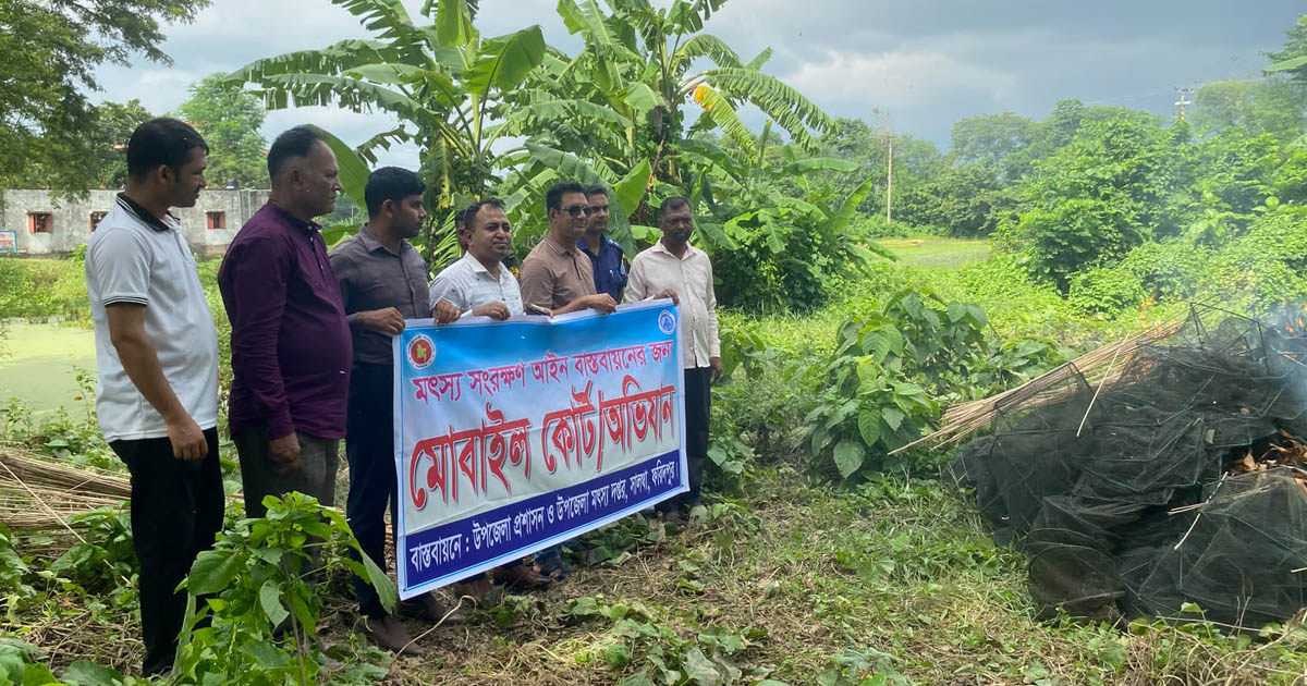 সালথায় মৎস্য সম্পদের ‘নীরব ঘাতক’ চায়না দুয়ারি জাল পুড়িয়ে ধ্বংস