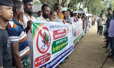 জামালপুরে মাদকসেবীদের উৎপাত ও সন্ত্রাসী হামলার প্রতিবাদে মানববন্ধন